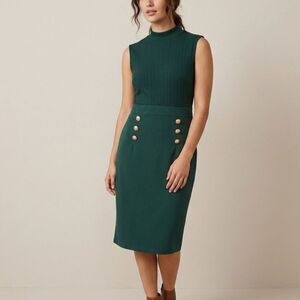 Grace Karin Sheath Dress Size M Emerald Green Gold Button Preppy Classic Chic